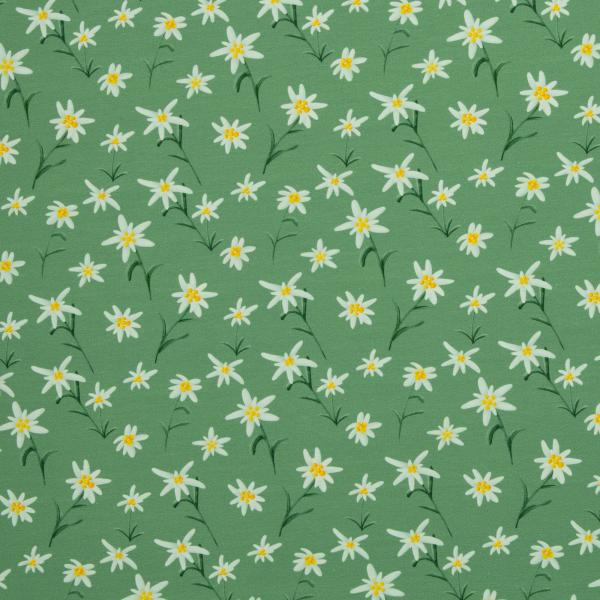 Baumwolljersey Alpenliebe Edelweiß auf Grün by Swafing von Mrs. Mint Design